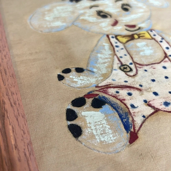 Vintage 50s Children’s Bedroom Decor Painted Framed Canvas Bunnies & Elephants - Picture 4 of 9